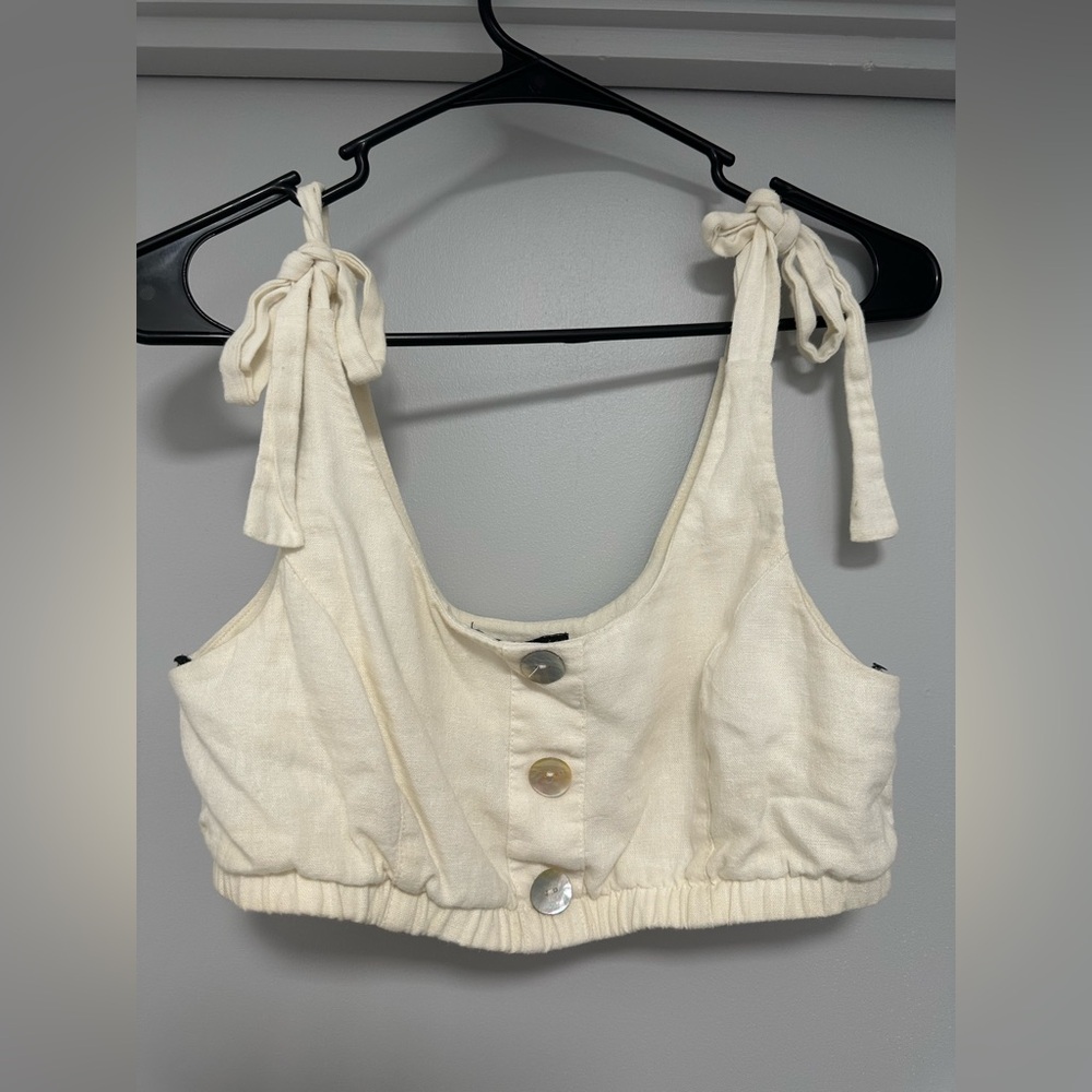 Forever21 Linen Crop Top Tie-Shoulders and Shell Buttons